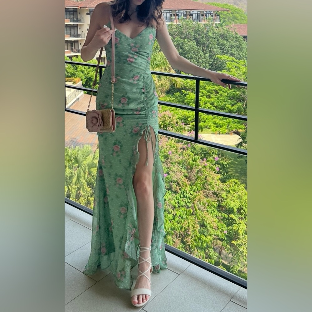 Women's Floral Mint Green and Pink Maxi Dress with Slit Hello Molly